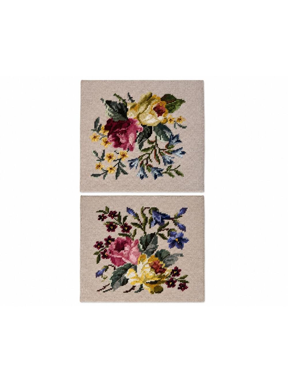 Vintage Floral Needlepoint Tapestry Pair Roses Flowers Handmade Wall Art